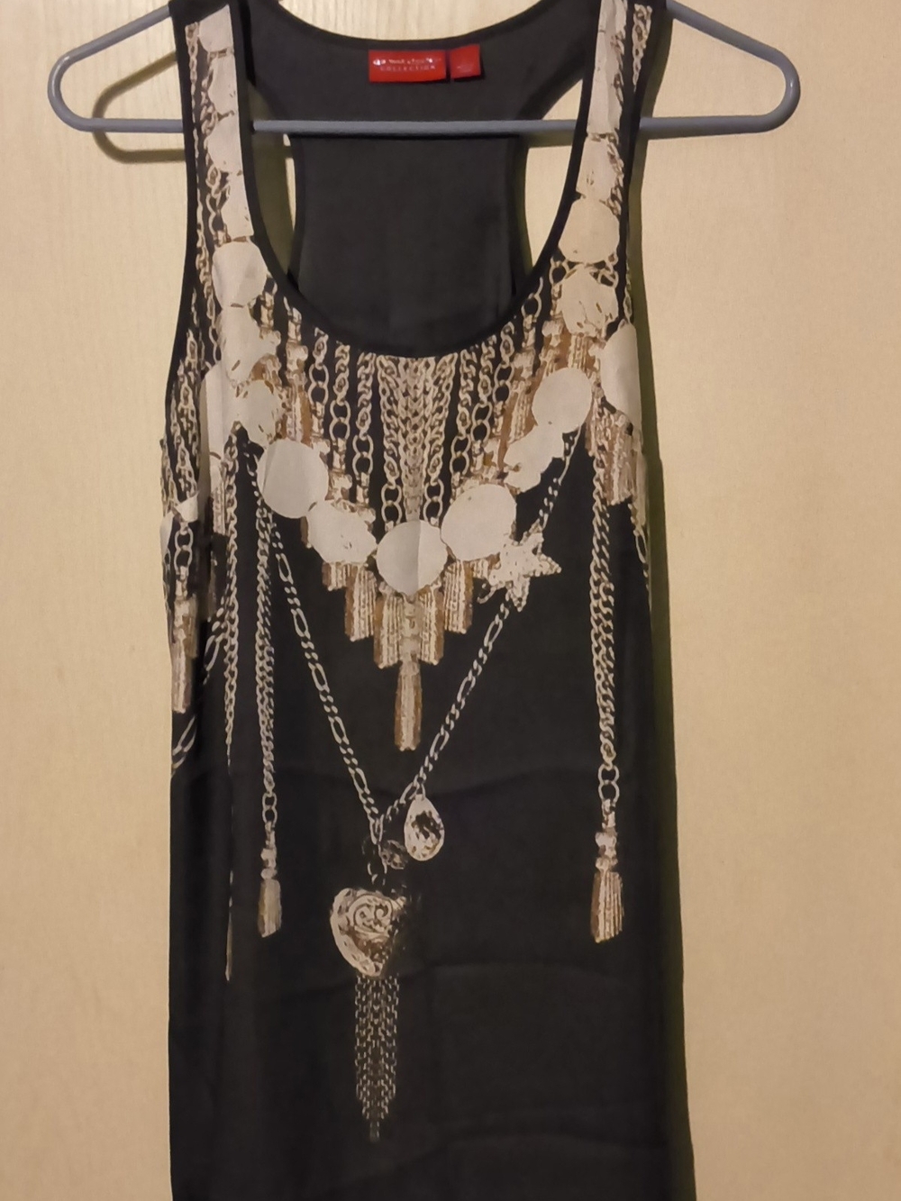 New York & Company Black Tank with Metallic Necklace Print